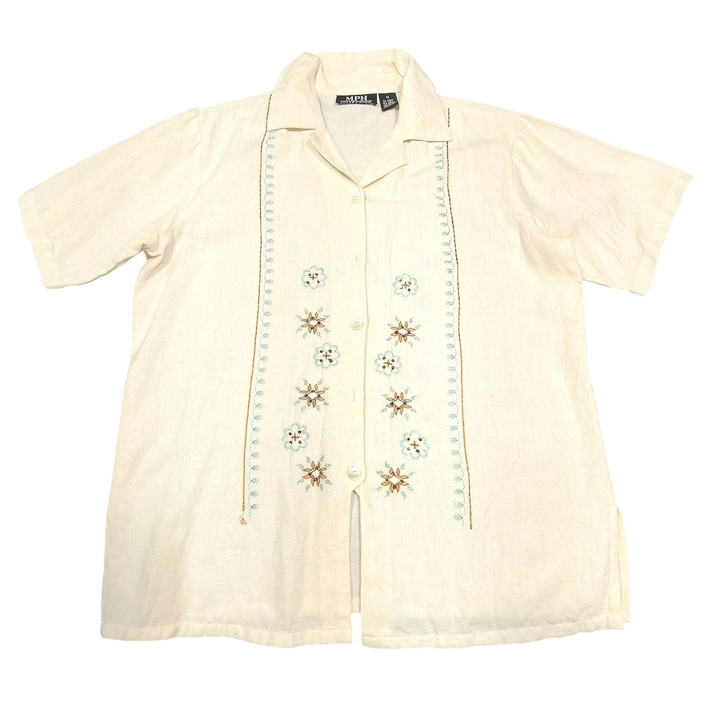 MPH Collection Linen Cotton Embroidered Short Sleeve Button Down Shirt Cream M